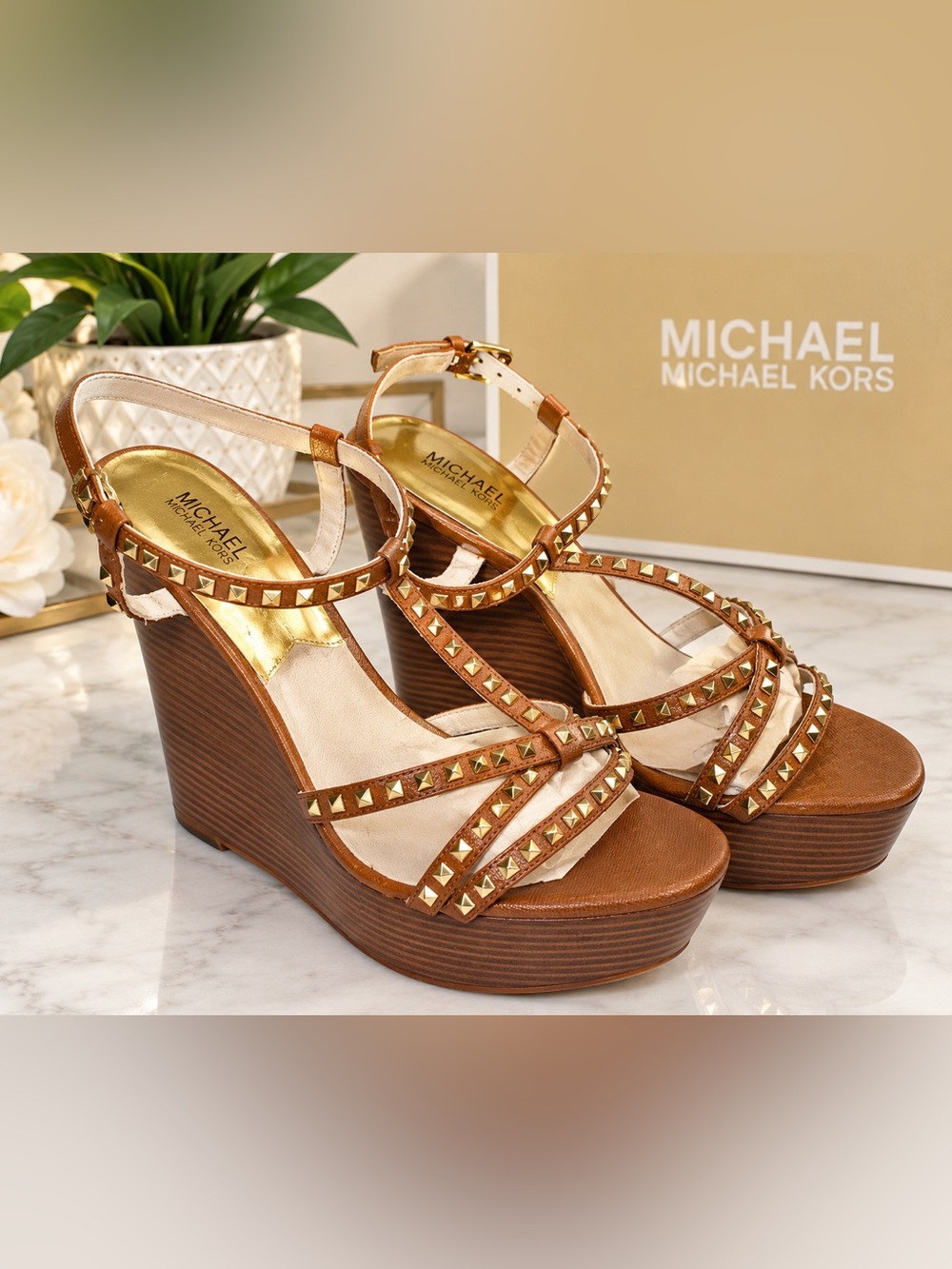 MICHAEL Michael Kors Tan Studded T-Strap Block Heel Sandals